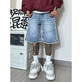 American High Street Men's Wide Leg Denim Shorts Summer New Fashion Casual Baggy Short Jeans Male Chic Burrs Clothes