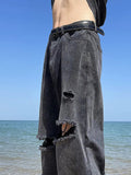 Trousers Broken Torn Male Cowboy Pants Straight Ripped Jeans for Men with Holes Black Y2k Vintage Aesthetic Winter Stacked Y2k