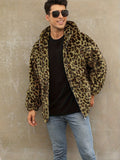 Soft, Warm Men's Faux Fur Hooded Jacket - Elegant Leopard Print Zip-Up Coat with Pockets, Machine Washable for Fall/Winter Casual Wear