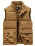 Thick Plush 100% Polyester JPDUN Men's Winter Vest - Casual Stand Collar, Multi-Pocket Outdoor Workwear, Warm Camisole Jacket, Loose Fit, Woven, Non-Stretch