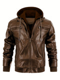 Men's Premium Faux Leather Jacket with Zip Pockets & Drawstring Hood - Vintage Style, Non-Stretch Fabric