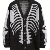 Plus Size Skeleton Print Long Sleeve V Neck Cardigan Sweaters - Men's Button Down Outwear Coats