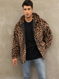 Soft, Warm Men's Faux Fur Hooded Jacket - Elegant Leopard Print Zip-Up Coat with Pockets, Machine Washable for Fall/Winter Casual Wear