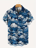 Men's Fashion Waves Pattern Allover Print Short Sleeve Button Up Lapel Hawaiian Style Shirt For Summer Resort Vacation