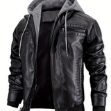 Men's Premium Faux Leather Jacket with Zip Pockets & Drawstring Hood - Vintage Style, Non-Stretch Fabric