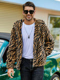 [Long Sleeve Leopard Print Jacket] RELISH NOLESS Men's Casual Leopard Print Faux Fur Hooded Jacket with Pockets - Polyester Knit Fabric, Long Sleeve, Zippered Winter Coat