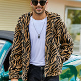 [Long Sleeve Leopard Print Jacket] RELISH NOLESS Men's Casual Leopard Print Faux Fur Hooded Jacket with Pockets - Polyester Knit Fabric, Long Sleeve, Zippered Winter Coat