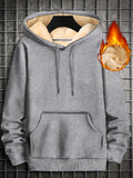 [Fleece-lined Cozy Hooded Sweatshirt] Men's Fleece-lined Cozy Hooded Sweatshirt With Drawstring And Kangaroo Pocket, Men's Hoodie For Winter Outdoor