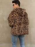 Soft, Warm Men's Faux Fur Hooded Jacket - Elegant Leopard Print Zip-Up Coat with Pockets, Machine Washable for Fall/Winter Casual Wear