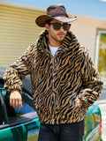 [Long Sleeve Leopard Print Jacket] RELISH NOLESS Men's Casual Leopard Print Faux Fur Hooded Jacket with Pockets - Polyester Knit Fabric, Long Sleeve, Zippered Winter Coat