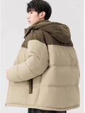 Winter Parka Jacket] Men's Thickened Winter Parka Jacket with Hood - Casual Polyester Ski Coat, Long Sleeve, Solid Color, Pea Coat