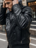 Men's Premium Faux Leather Jacket with Zip Pockets & Drawstring Hood - Vintage Style, Non-Stretch Fabric