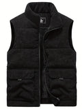 Thick Plush 100% Polyester JPDUN Men's Winter Vest - Casual Stand Collar, Multi-Pocket Outdoor Workwear, Warm Camisole Jacket, Loose Fit, Woven, Non-Stretch