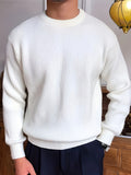 Men'S Casual Crew Neck Ribbed Knit Sweater, Polyester 95% Spandex 5% Solid Color Long Sleeve Top, Slight Stretch Loose Fit for Hiking & Outdoor, 240g/m² Knit Fabric, Spring/Fall/Winter Wear