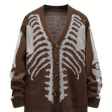 Plus Size Skeleton Print Long Sleeve V Neck Cardigan Sweaters - Men's Button Down Outwear Coats