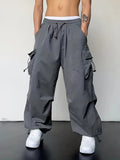 Unisex Polyester Cargo Pants - Solid Color Casual Work Pant with Flap Pockets, Side Drawstring Waist, Non-Stretch, All-Season