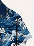 Men's Fashion Waves Pattern Allover Print Short Sleeve Button Up Lapel Hawaiian Style Shirt For Summer Resort Vacation