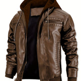 Men's Premium Faux Leather Jacket with Zip Pockets & Drawstring Hood - Vintage Style, Non-Stretch Fabric