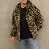 Soft, Warm Men's Faux Fur Hooded Jacket - Elegant Leopard Print Zip-Up Coat with Pockets, Machine Washable for Fall/Winter Casual Wear