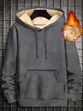 [Fleece-lined Cozy Hooded Sweatshirt] Men's Fleece-lined Cozy Hooded Sweatshirt With Drawstring And Kangaroo Pocket, Men's Hoodie For Winter Outdoor