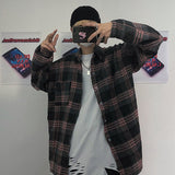 Korean Clothes Spring Plaid Shirt for Men Handsome Japanese Long Sleeve Harajuku Loose Casual  Vintage Hip Hop Streetwear