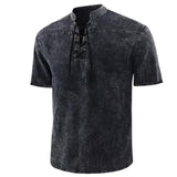 T Shirt Men Stand Collar Front Lace Up Short Sleeve V Neck Slim T Shirt Streetwear for Daily Wear Solid Retro Casual Tops Tees