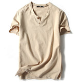 Summer Brand T-Shirt Men Short Sleeve Loose Breathable Cotton Linen T Shirt Male Fashion Solid Color V-Neck Tees 9XL