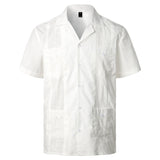 Men's Traditional Cuban Camp Collar Guayabera Shirt Short Sleeve Embroidered Mexican Caribbean Style Beach Shirt with 4 Pocket