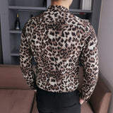 High Quality Men Shirt Brand New Slim Fit Casual Leopard Print Social Shirts Dress Long Sleeve Plus Size Night Club Prom Tuxedo
