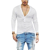 Men's Autumn Linen T shirt Male Sexy Deep V Neck Slim Fit T shirts Casual White Long Sleeve Linen T-shirts Tops S-2XL