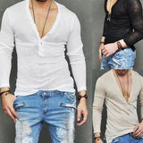 Men's Autumn Linen T shirt Male Sexy Deep V Neck Slim Fit T shirts Casual White Long Sleeve Linen T-shirts Tops S-2XL