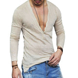 Men's Autumn Linen T shirt Male Sexy Deep V Neck Slim Fit T shirts Casual White Long Sleeve Linen T-shirts Tops S-2XL