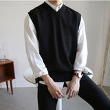 New Fall Sleeveless Mens Sweater Vest Loose Solid Color Simple V Neck Sweater Men Korean Style Harajuku Trend Pullover Vest