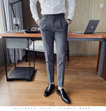 Gotmes   New Design Men High Waist Trousers Solid England Business Casual Suit Pants Belt Straight Slim Fit Bottoms White Clothing