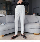 Gotmes   New Design Men High Waist Trousers Solid England Business Casual Suit Pants Belt Straight Slim Fit Bottoms White Clothing