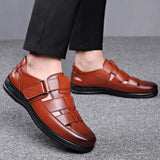 Summer Sandal Men Hollow Out PU Leather Breathable Sandals Non-slip Flats Soft Bottom Handmade Tide Design Footwear Men Shoes