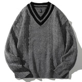 Mens Winter Knitted Sweaters Oversized Male Black Pullover V Neck Jumpers Men's Vintage Striped Knitwear Men Clothing