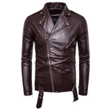 Mens Leather Jackets  White Black Casual Lapel Slim Fit Diagonal Zipper Motorcycle PU Leather Jacket Coat Mens Clothing