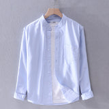 Pure Cotton Long Sleeve Shirt for Men Autumn New Yellow Stand Collar Casual Tops Male Solid Color Button Up Dress Shirt