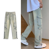 Fashion Pocket Zipper Men's Jeans Neutral Wide Leg Denim Trousers Loose Straight Jeans Youth Casual Neutral Hip Hop Pants