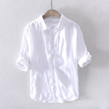 New Designer 100% Linen Long Sleeved Shirt Men Brand Casual Solid White Button Up Shirts for Men Top