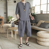 Summer Casual Half-sleeve V-neck Pullover with Knee Length Pants 2 Piece Set Men Loose Men Shorts Set Male Romper