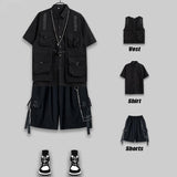 Men's Shorts Set Tank Top Men Cargo Punk Rave Vest Male Shirt Streetwear Hip Hop Hippie Men Clothing Pockets