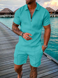 Men Tracksuit Casual Short Sleeve Zipper Polo Shirt&Shorts Set for Men Casual Streetwear 2-piece Suit Summer