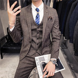 Male Korean Blazers Slim Check British Business Suit Men Three Piece Wedding Bridegroom Man Dress