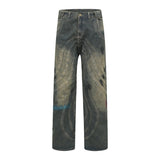 Vintage Fashion Patchwork Jeans Trendy Washed Light Flare Denim Pants Men's High Stree Graffiti Straight Trousers