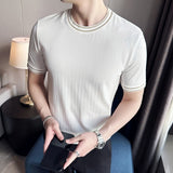 British style Men's summer casual short sleeves Jacquard ice silk T-shirt/Male slim fit Round neck fashion T-shirts S-4XL