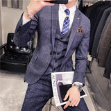 Male Korean Blazers Slim Check British Business Suit Men Three Piece Wedding Bridegroom Man Dress