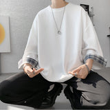 Spring Summer Men's T-shirts Women Oversized 2XL Korean Style Loose Plaid T-shirt Casual Seven sleeves T-Shirt Male White
