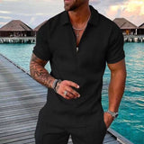 Men Summer Hawaiian Turn Down Collar V Neck T-Shirt Casual Zipper Short Sleeve Blouse Daily Tee High Quality Clothing S-3XL